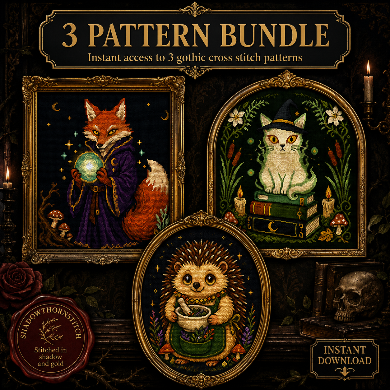 Gothic Forest cross stitch pattern bundle - 10-magical-animals-cross-stitch-chart