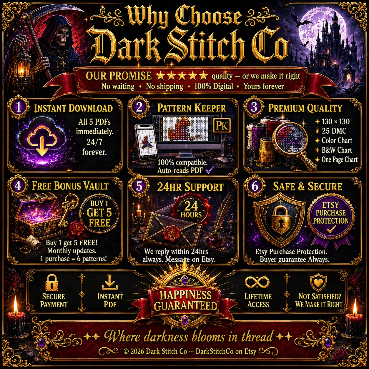 Gothic Grim Reaper cross stitch gift idea for gothic stitchers and dark fantasy lovers