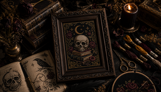 Dark academia wall art - 15 gothic cross stitch patterns flat-lay with skulls ravens and candlelight