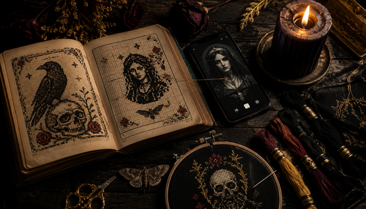 Best photo to cross stitch converter 2026 comparison - dark gothic pattern design tools and embroidery flat-lay