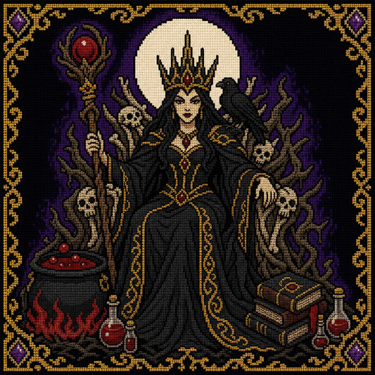 Witchy cross stitch patterns featuring potion bottles, black cats and occult designs