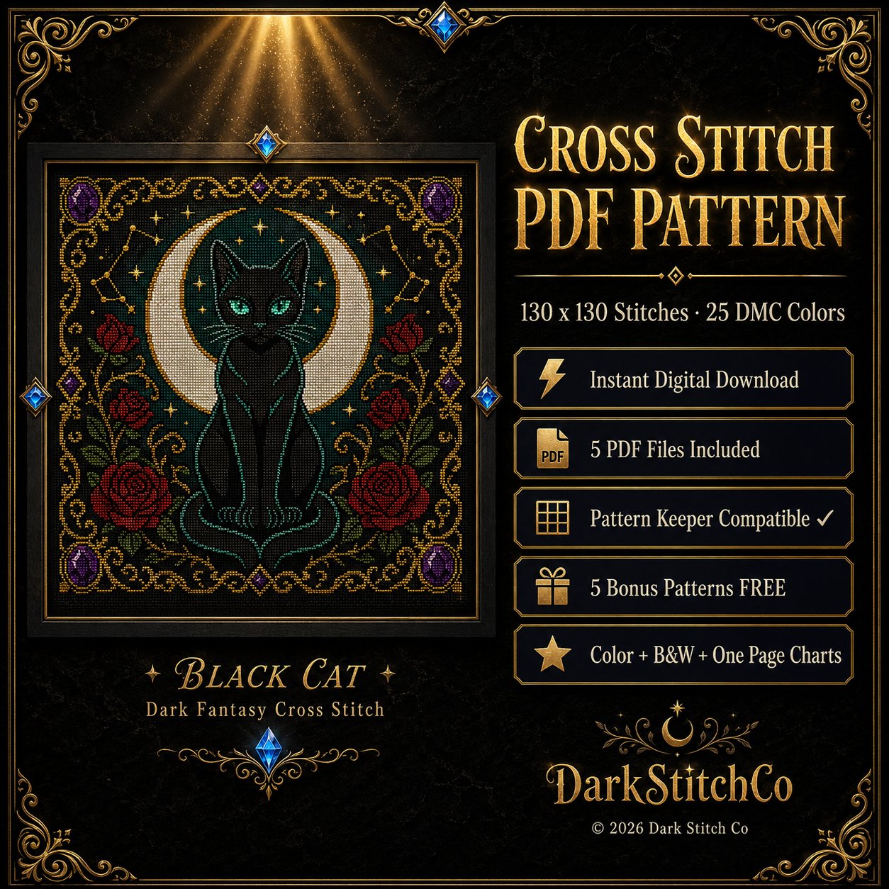 Black Cat Crescent Moon cross stitch pattern PDF — dark fantasy 130x130 design by DarkStitchCo