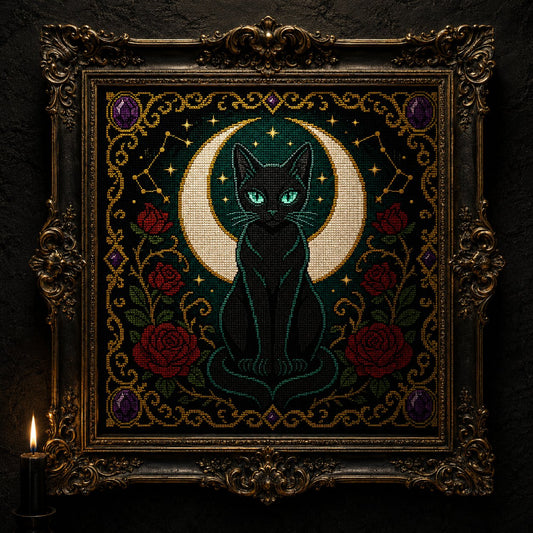 Black Cat Crescent Moon cross stitch finished piece framed on dark gothic wall — handmade home decor