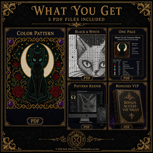 Black Cat Crescent Moon cross stitch color chart preview with full DMC floss code list