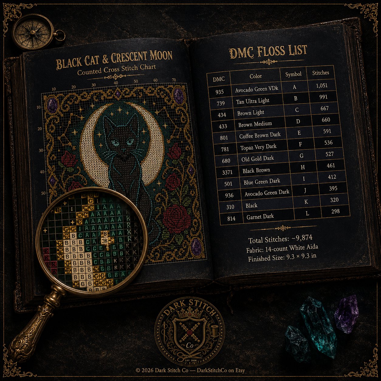 Black Cat Crescent Moon cross stitch pattern shown with DMC floss thread color palette