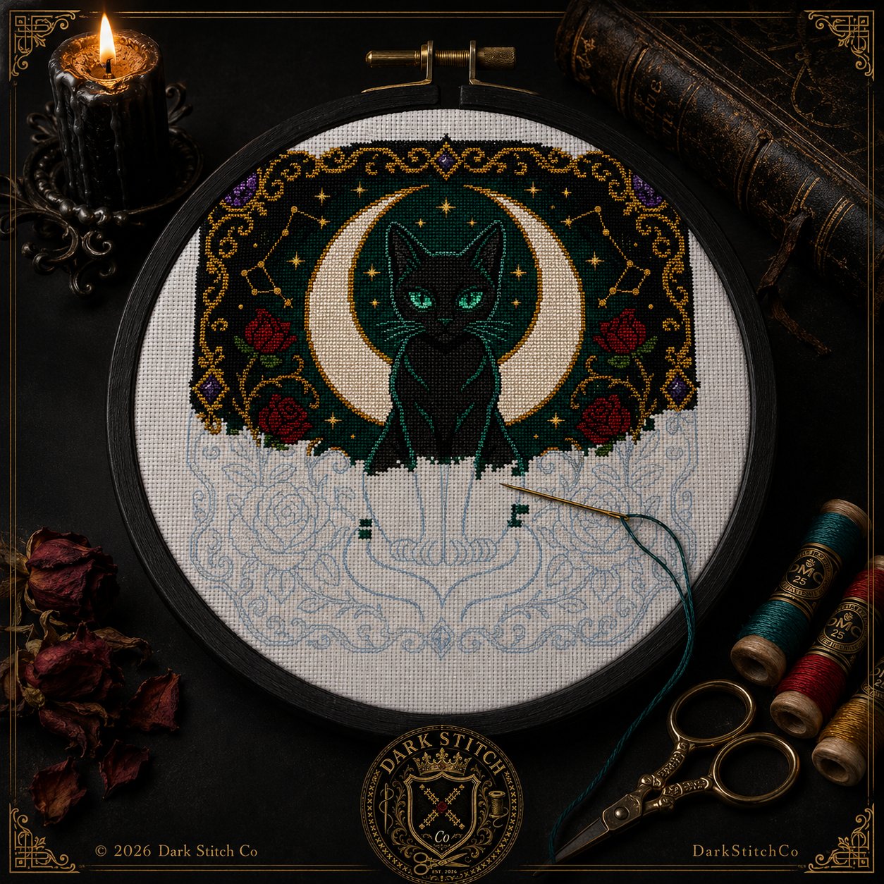 Black Cat Crescent Moon cross stitch black and white symbol chart preview — printer friendly
