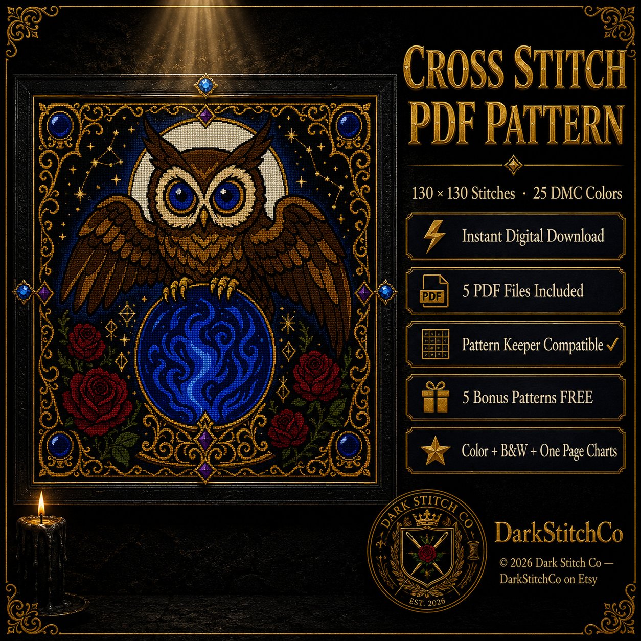 Crystal Ball Owl Oracle cross stitch color chart preview with full DMC floss code list