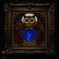 Crystal Ball Owl Oracle cross stitch hoop displayed in witchy gothic home decor aesthetic