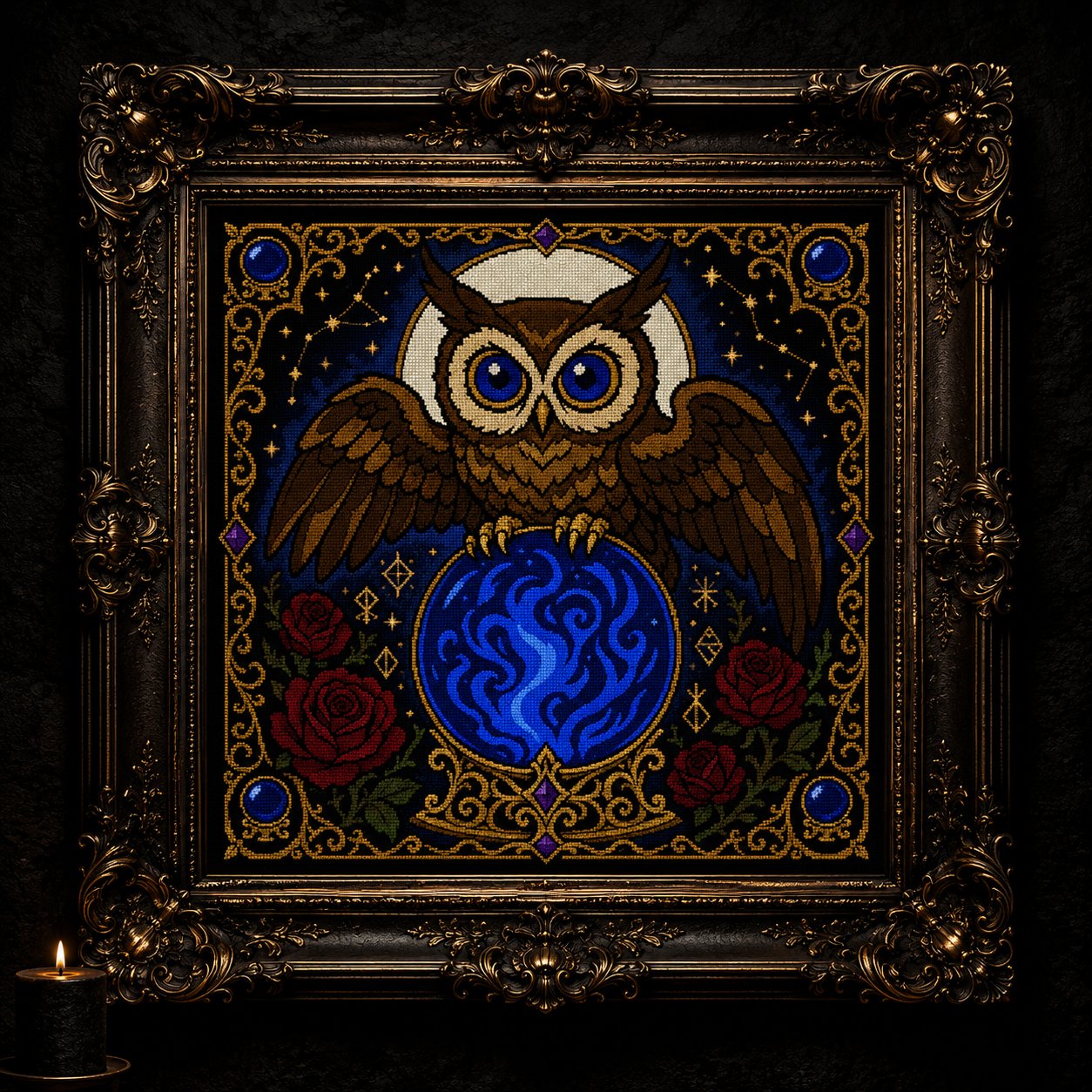 Crystal Ball Owl Oracle cross stitch hoop displayed in witchy gothic home decor aesthetic