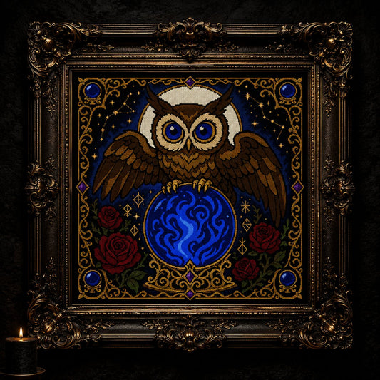 Crystal Ball Owl Oracle cross stitch hoop displayed in witchy gothic home decor aesthetic