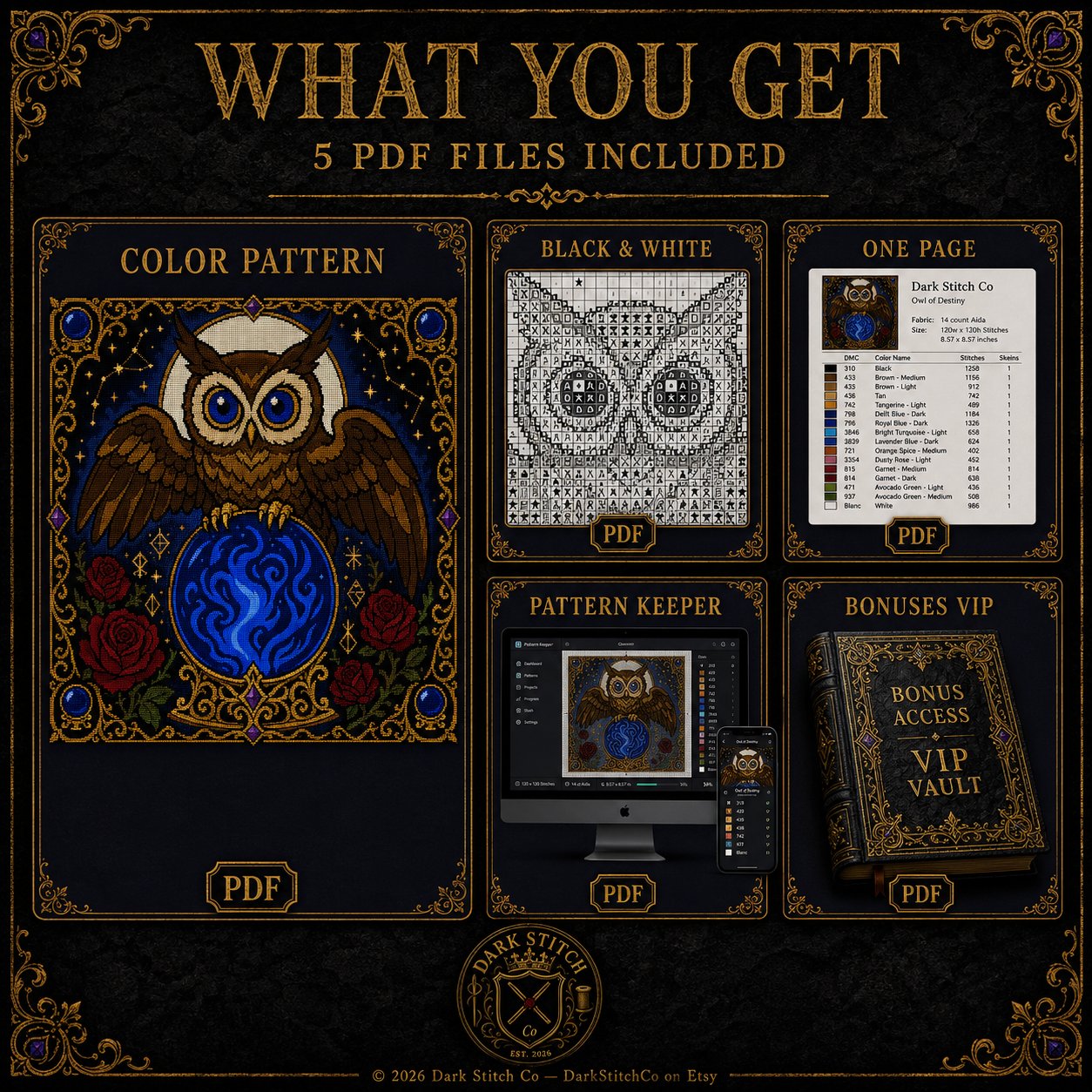Crystal Ball Owl Oracle cross stitch close-up detail showing intricate gothic stitch work