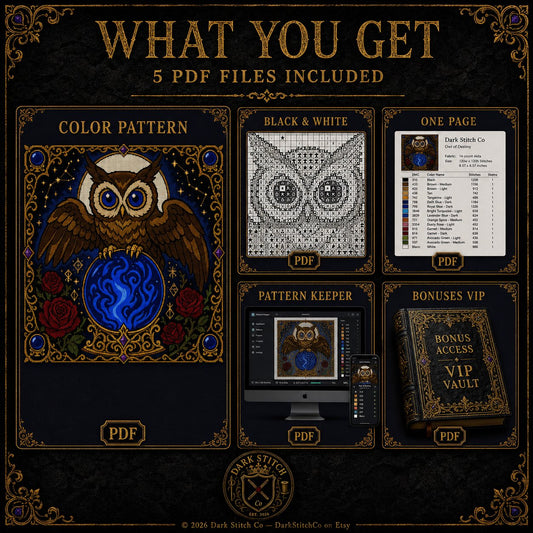 Crystal Ball Owl Oracle cross stitch close-up detail showing intricate gothic stitch work