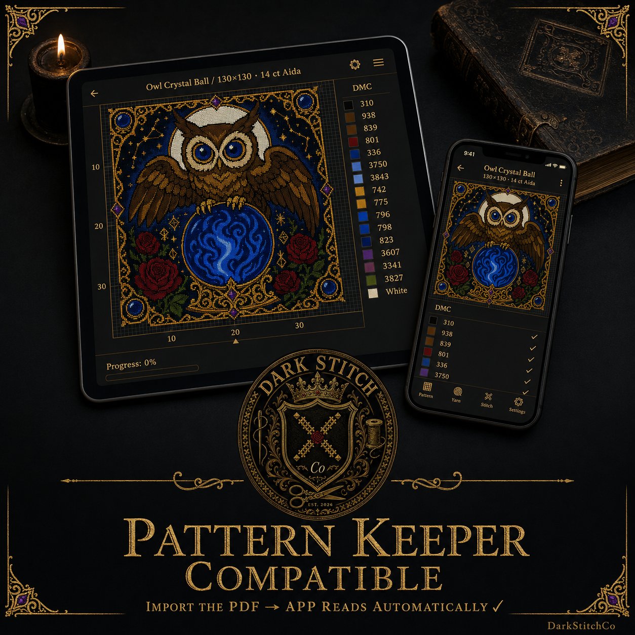 Crystal Ball Owl Oracle cross stitch black and white symbol chart preview — printer friendly