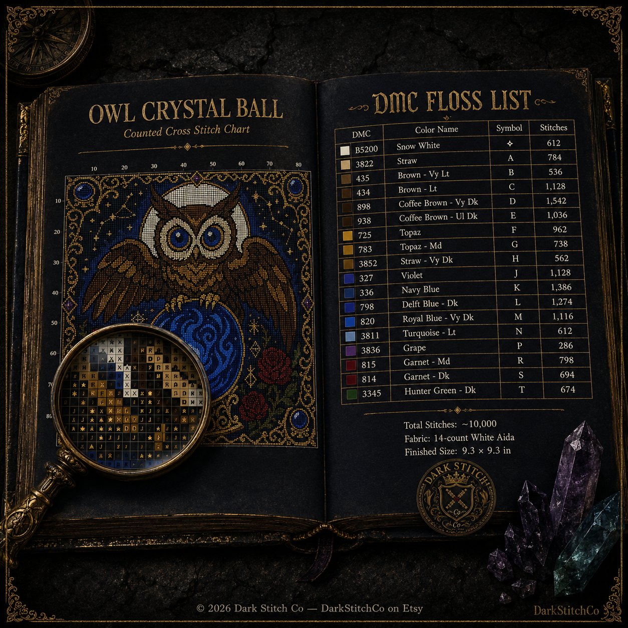 Crystal Ball Owl Oracle cross stitch finished on white Aida fabric with embroidery hoop