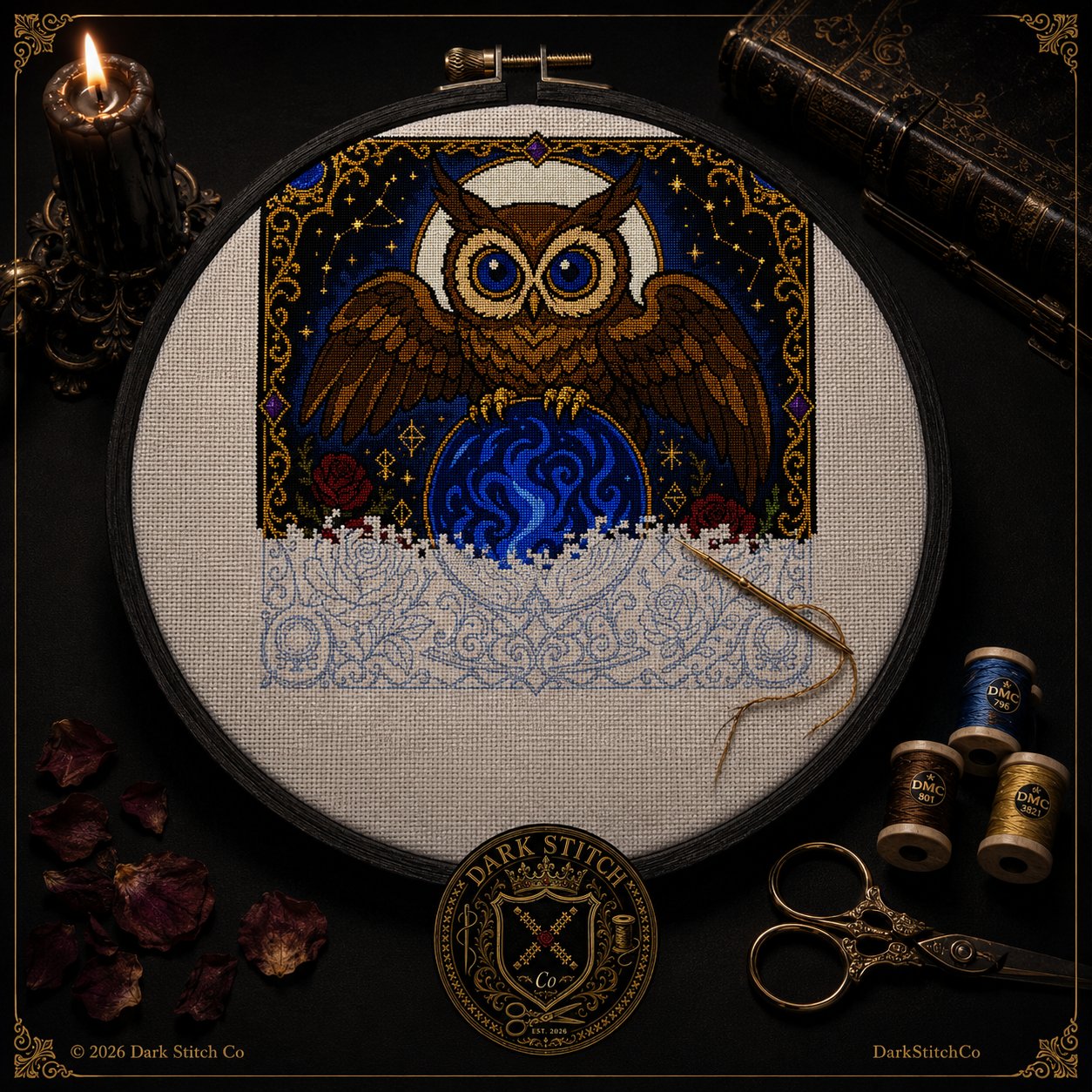 Crystal Ball Owl Oracle cross stitch gift idea for gothic stitchers and dark fantasy lovers