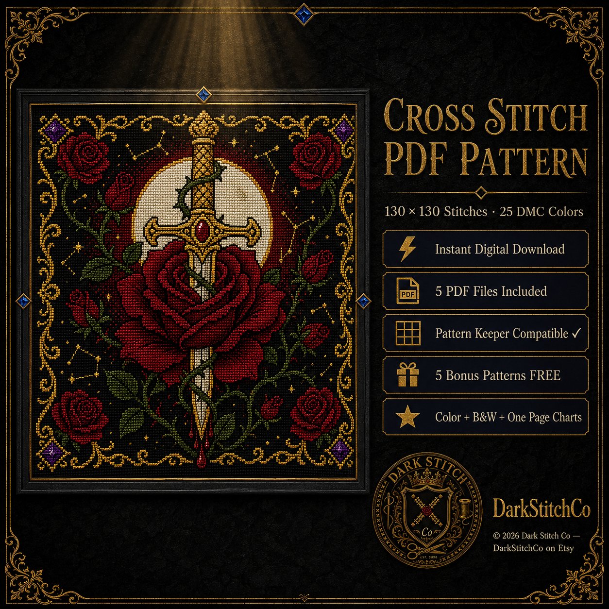 Dagger Through Rose cross stitch color chart preview with full DMC floss code list