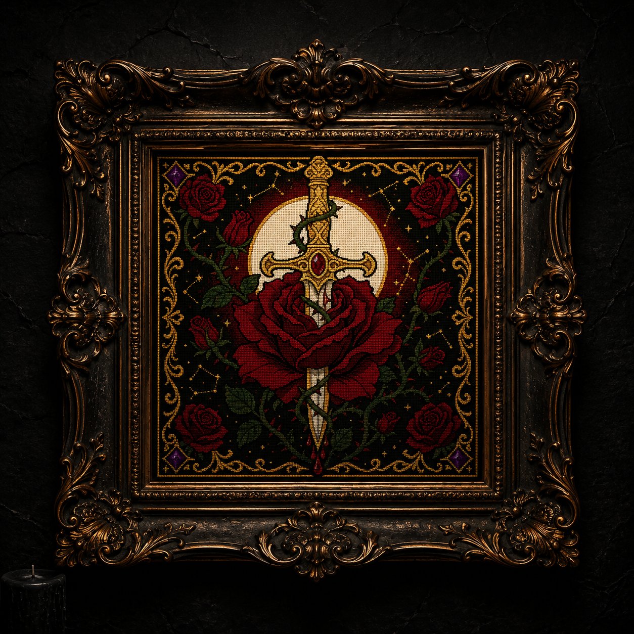 Dagger Through Rose cross stitch hoop displayed in witchy gothic home decor aesthetic