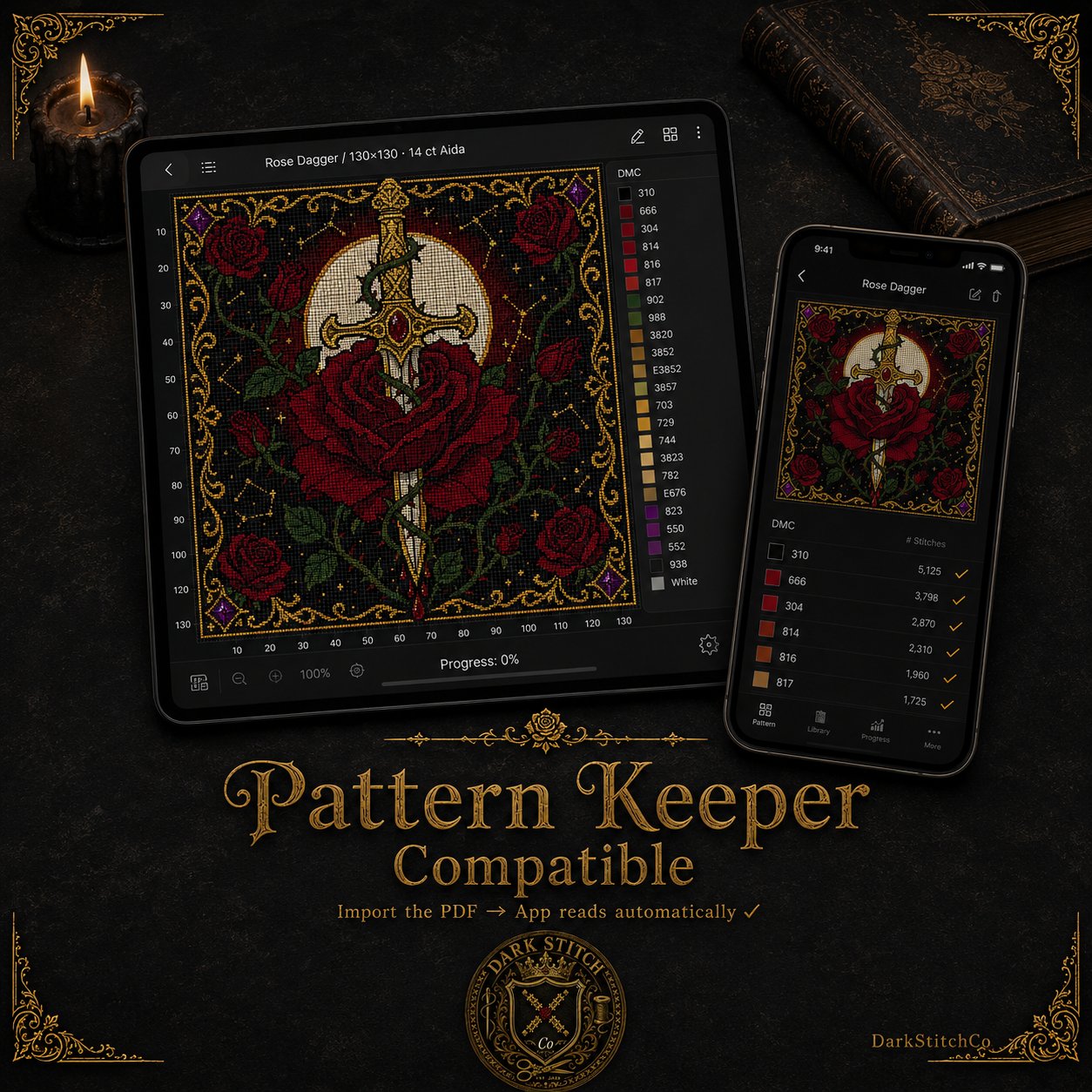 Dagger Through Rose cross stitch black and white symbol chart preview — printer friendly