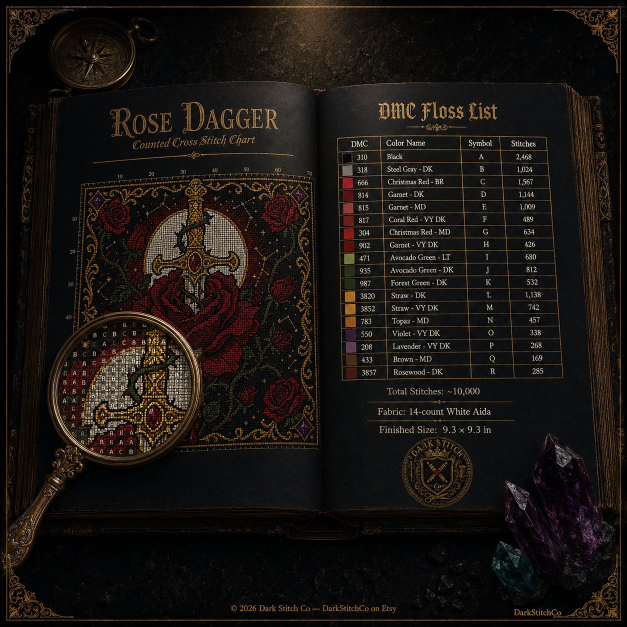 Dagger Through Rose cross stitch finished on white Aida fabric with embroidery hoop
