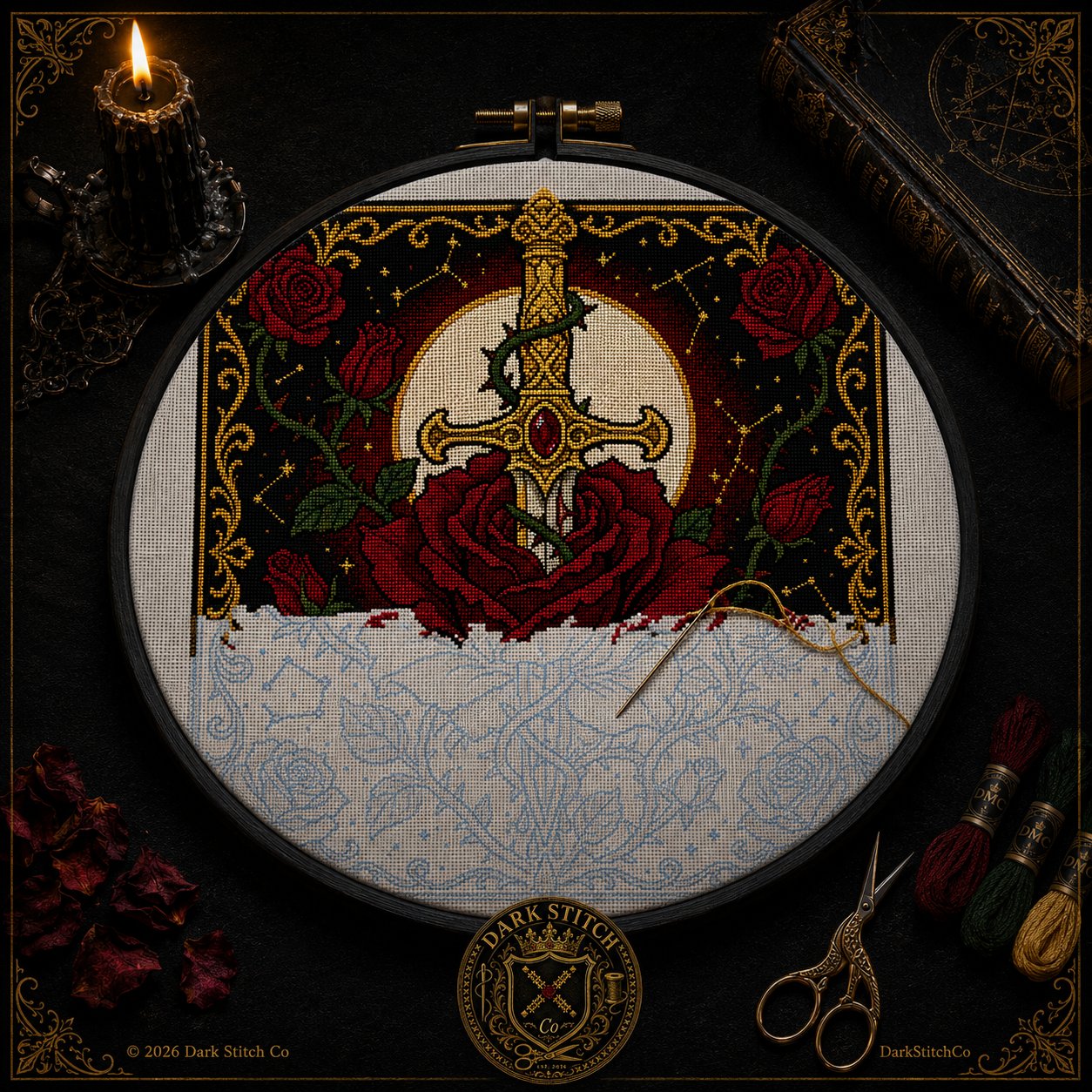 Dagger Through Rose cross stitch gift idea for gothic stitchers and dark fantasy lovers