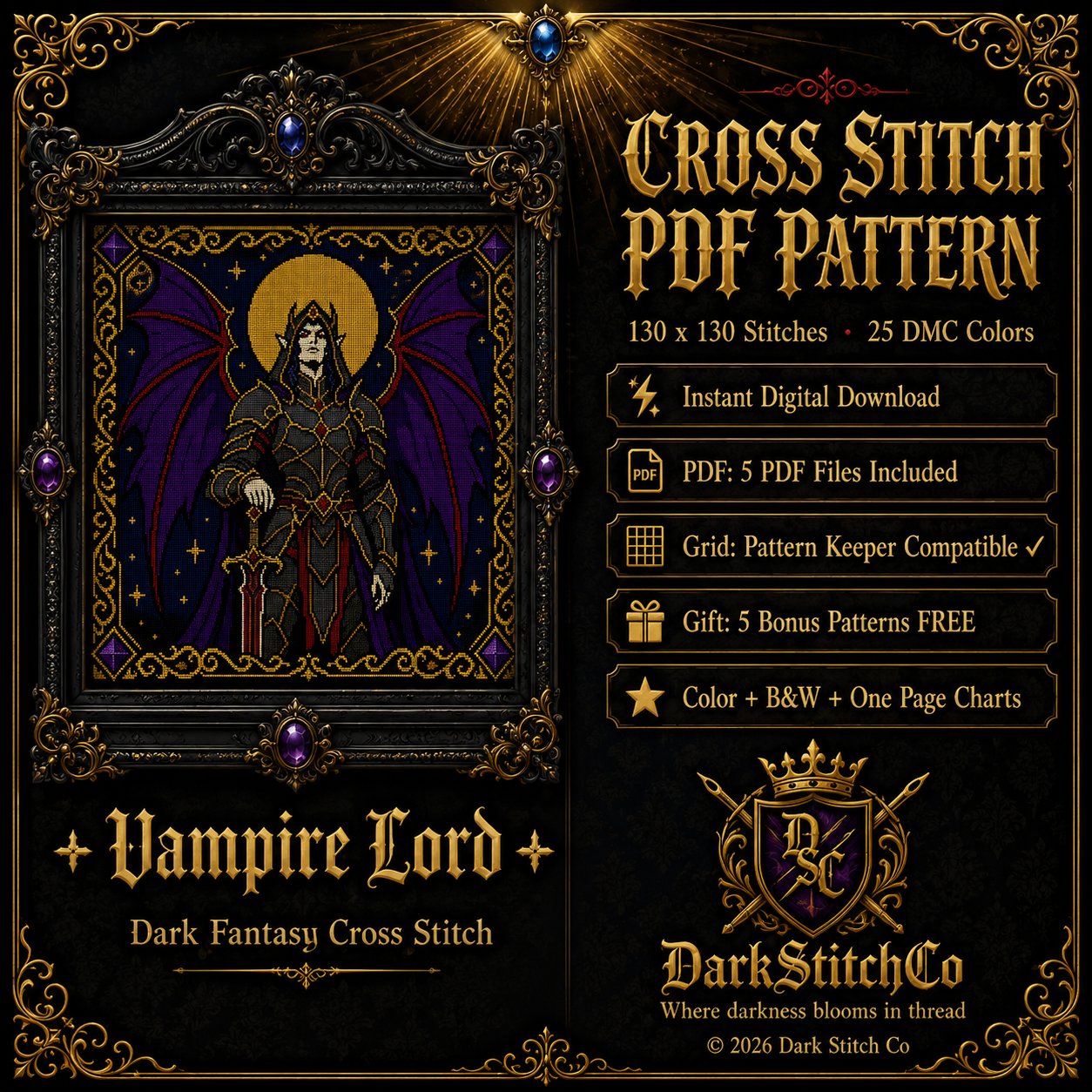 Dark Fae Warrior cross stitch pattern PDF — dark fantasy 130x130 design by DarkStitchCo