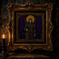 Dark Fae Warrior cross stitch finished piece framed on dark gothic wall — handmade home decor