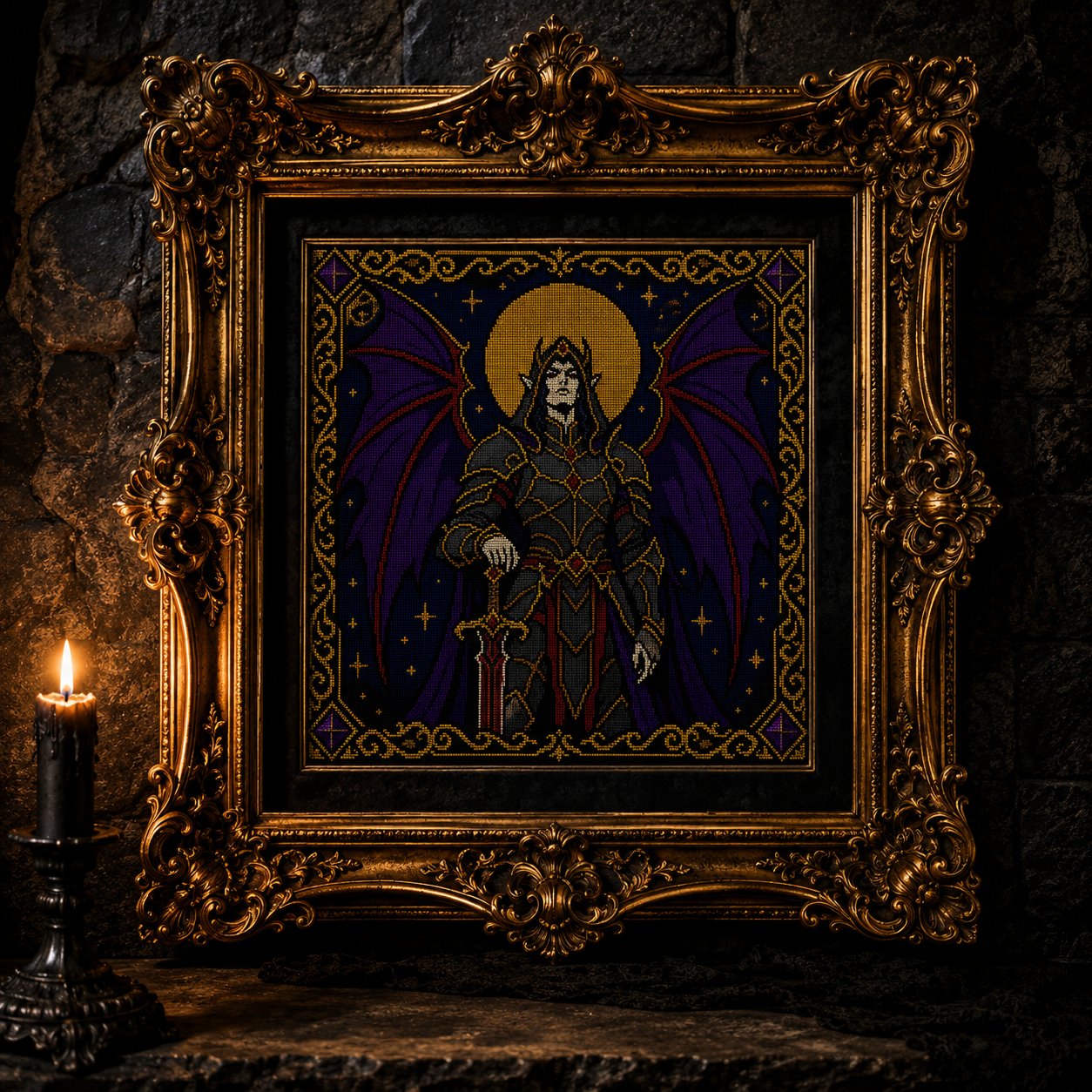 Dark Fae Warrior cross stitch finished piece framed on dark gothic wall — handmade home decor