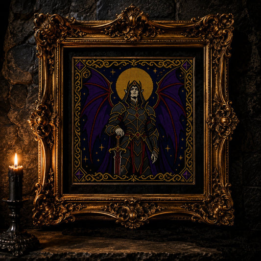 Dark Fae Warrior cross stitch finished piece framed on dark gothic wall — handmade home decor