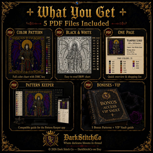 Dark Fae Warrior cross stitch color chart preview with full DMC floss code list