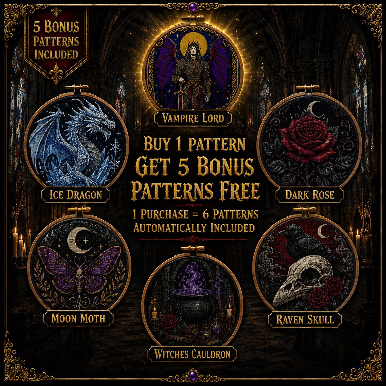 Dark Fae Warrior cross stitch hoop displayed in witchy gothic home decor aesthetic