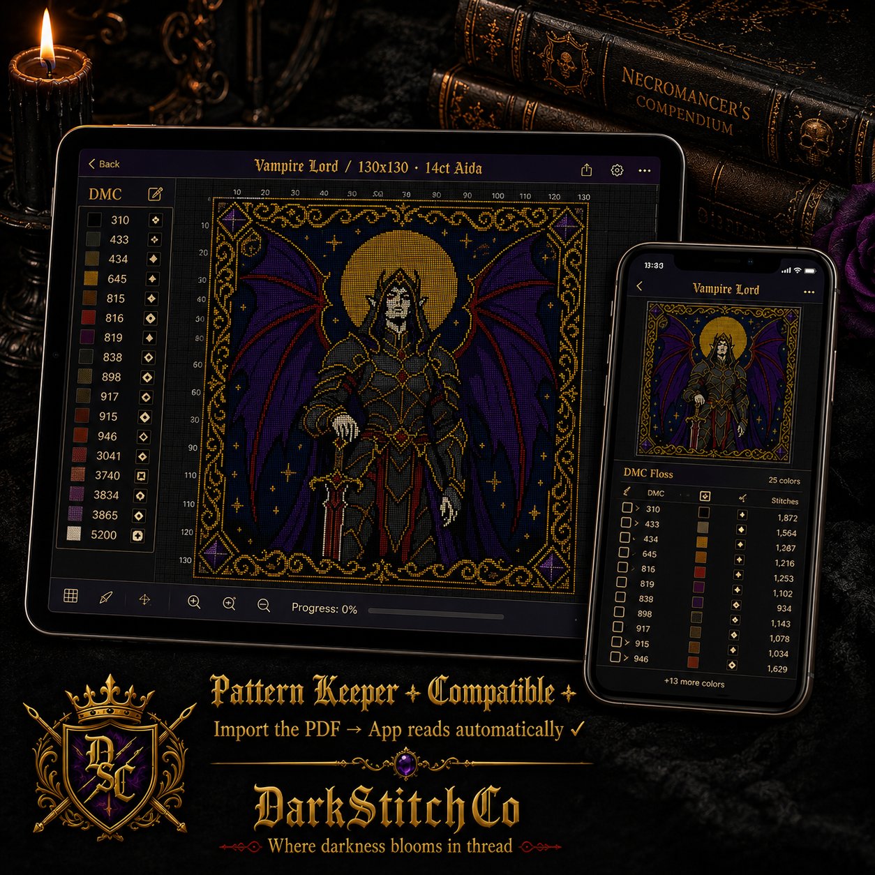 Dark Fae Warrior cross stitch close-up detail showing intricate gothic stitch work