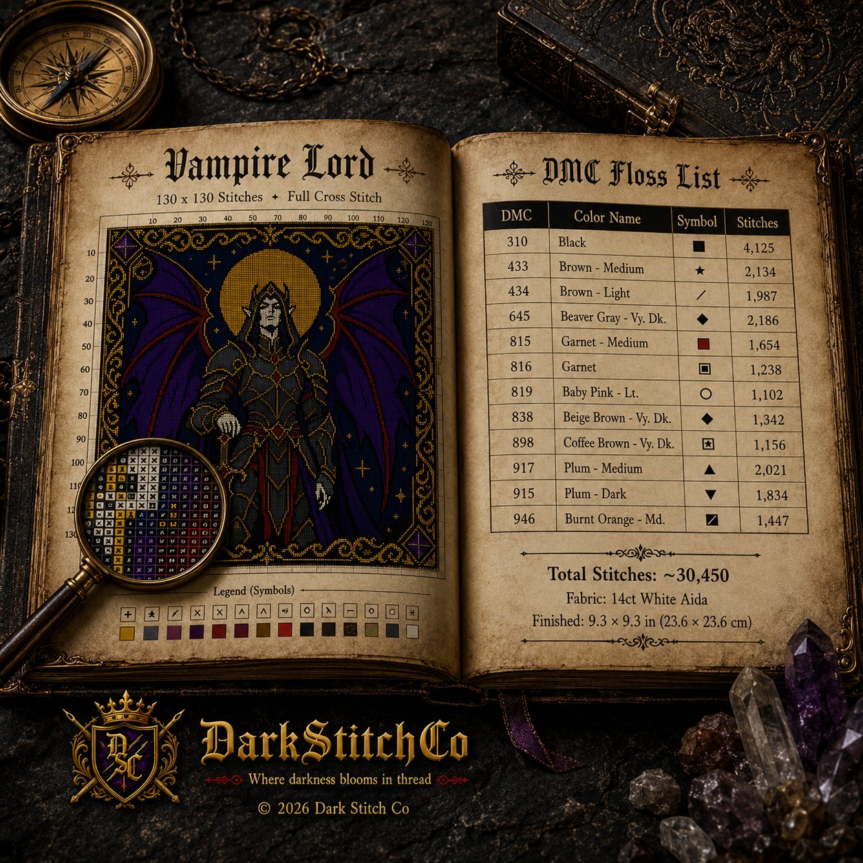 Dark Fae Warrior cross stitch pattern shown with DMC floss thread color palette