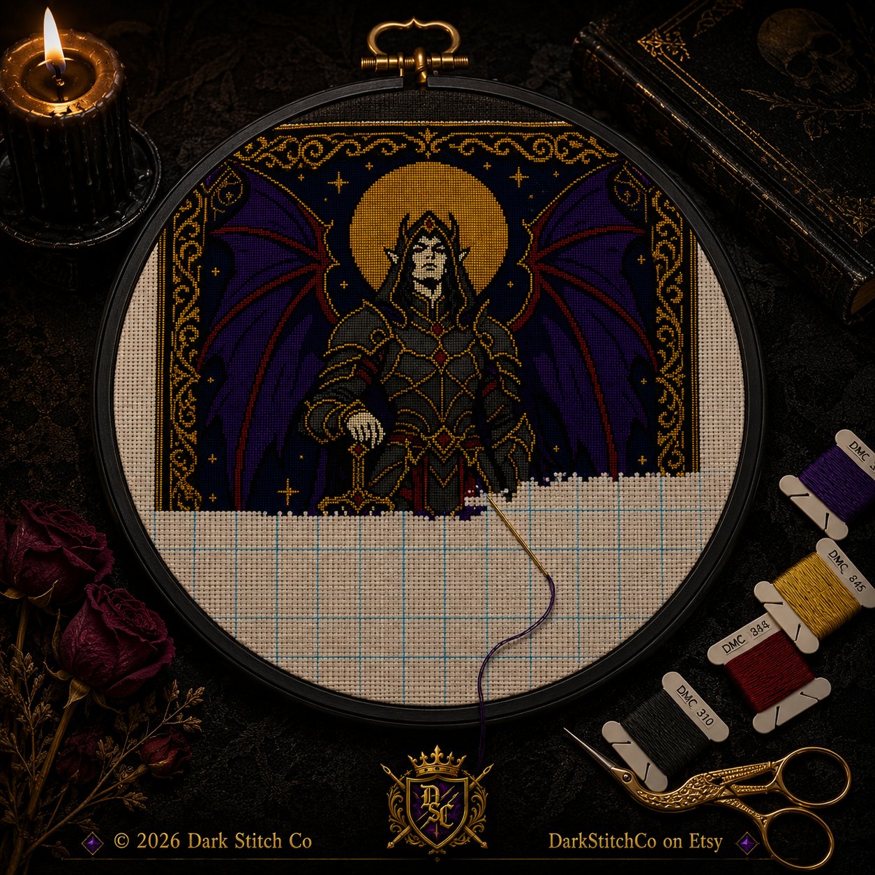 Dark Fae Warrior cross stitch black and white symbol chart preview — printer friendly