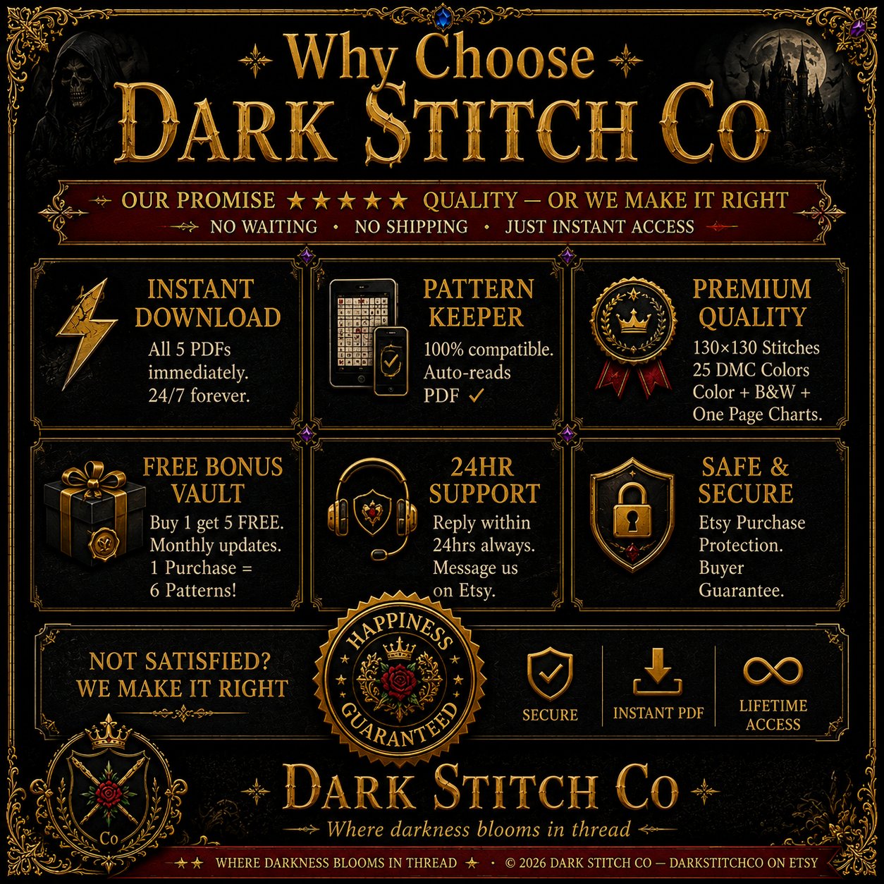Dark Siren Gothic Mermaid cross stitch pattern PDF — dark fantasy 130x130 design by DarkStitchCo