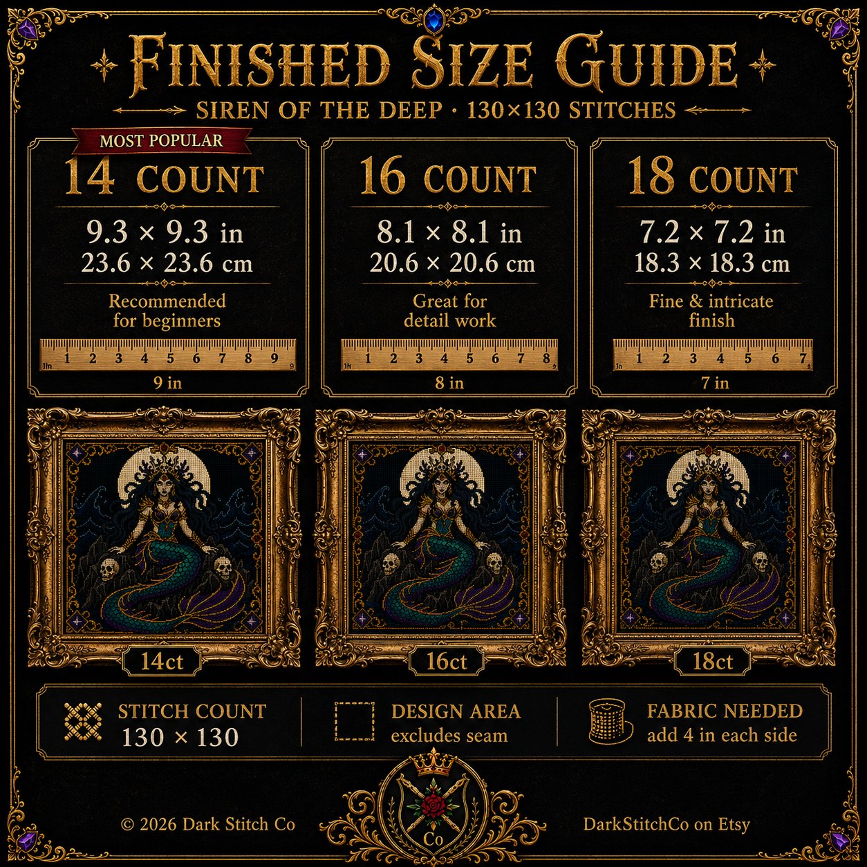 Dark Siren Gothic Mermaid cross stitch color chart preview with full DMC floss code list