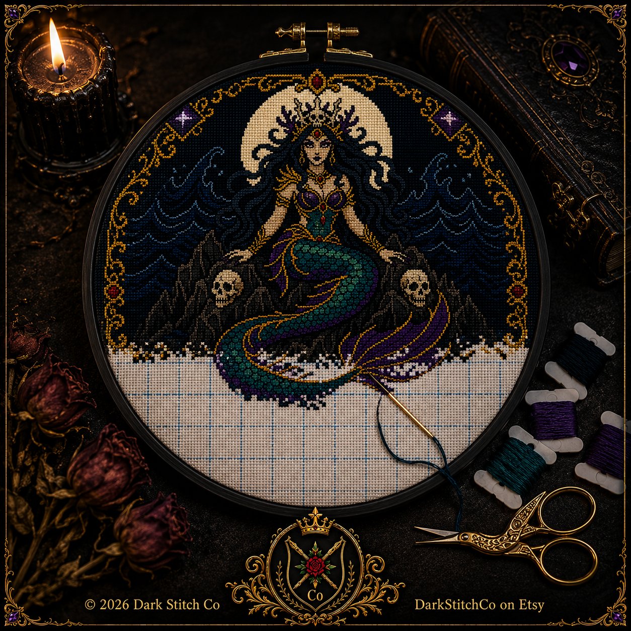 Dark Siren Gothic Mermaid cross stitch hoop displayed in witchy gothic home decor aesthetic