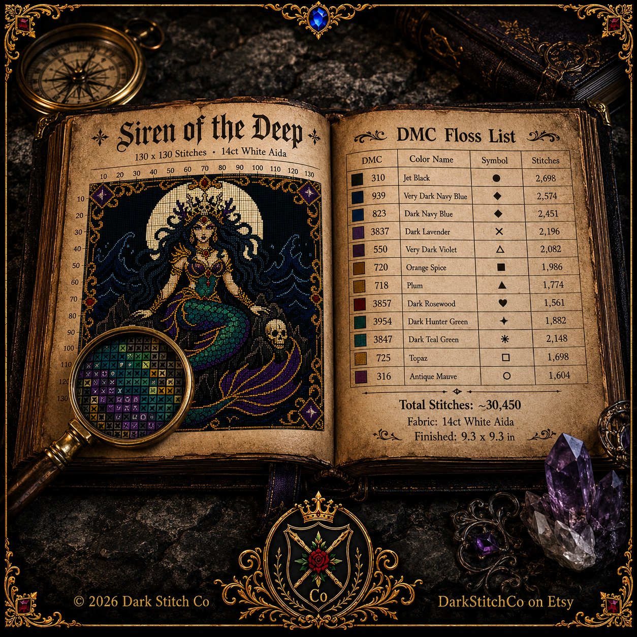 Dark Siren Gothic Mermaid cross stitch close-up detail showing intricate gothic stitch work