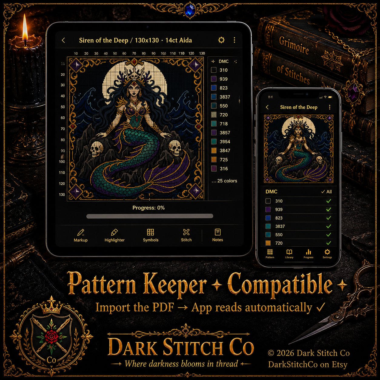 Dark Siren Gothic Mermaid cross stitch pattern shown with DMC floss thread color palette