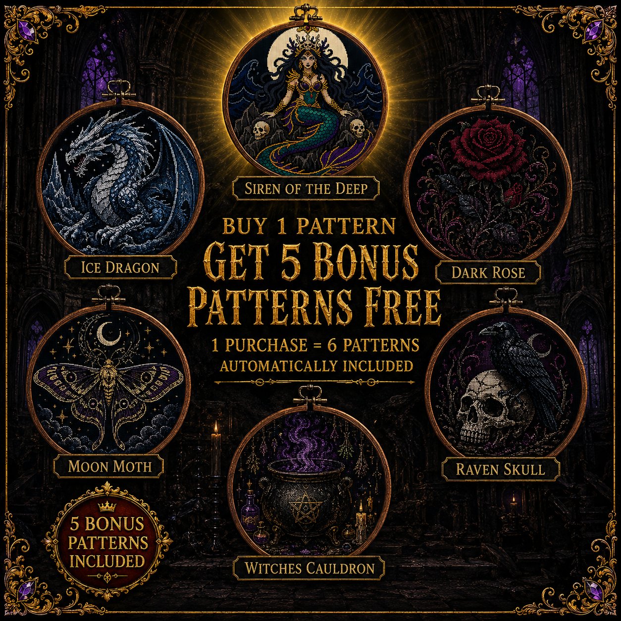 Dark Siren Gothic Mermaid cross stitch black and white symbol chart preview — printer friendly