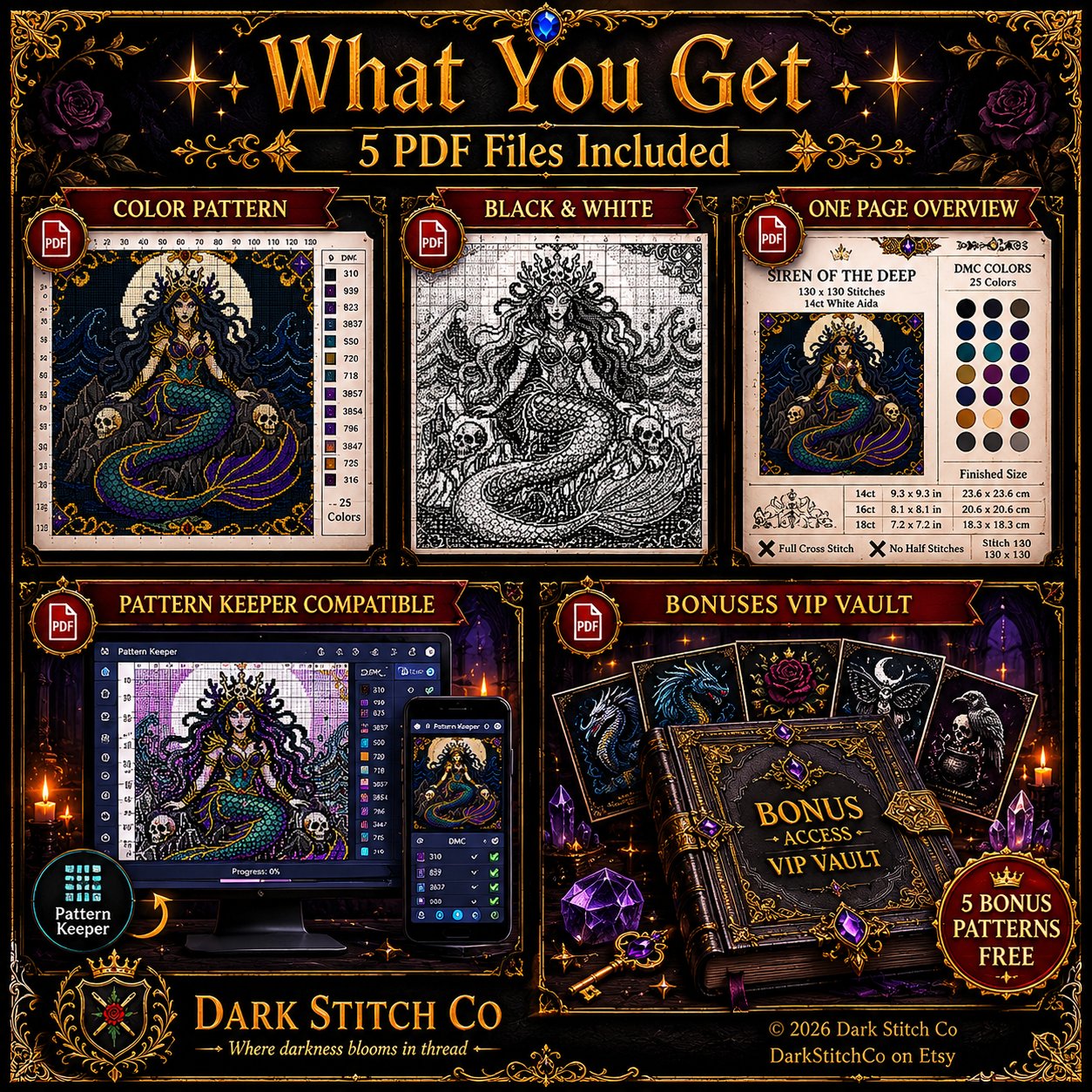 Dark Siren Gothic Mermaid cross stitch gift idea for gothic stitchers and dark fantasy lovers