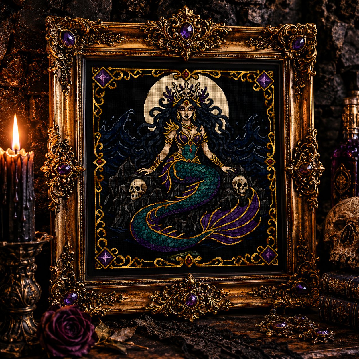 Dark Siren Gothic Mermaid cross stitch pattern by DarkStitchCo — instant PDF download with bonus patterns