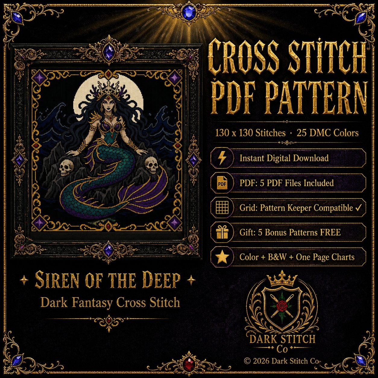 Dark Siren Gothic Mermaid cross stitch pattern by DarkStitchCo — instant PDF download with bonus patterns