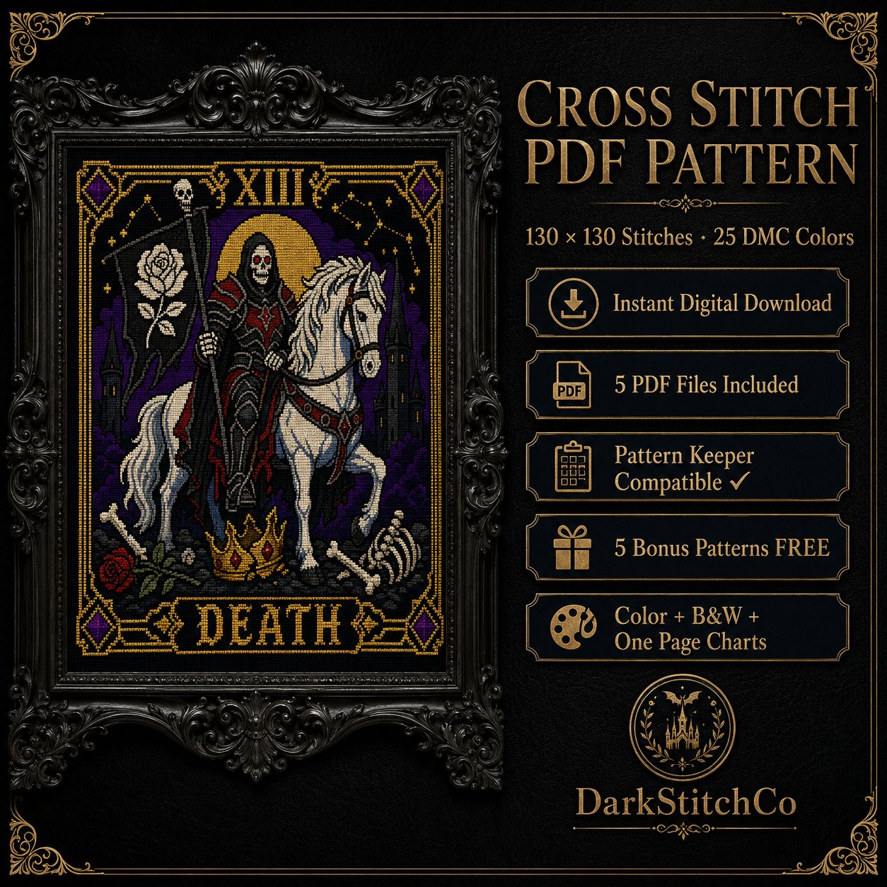 Death Tarot Card Xiii cross stitch color chart preview with full DMC floss code list