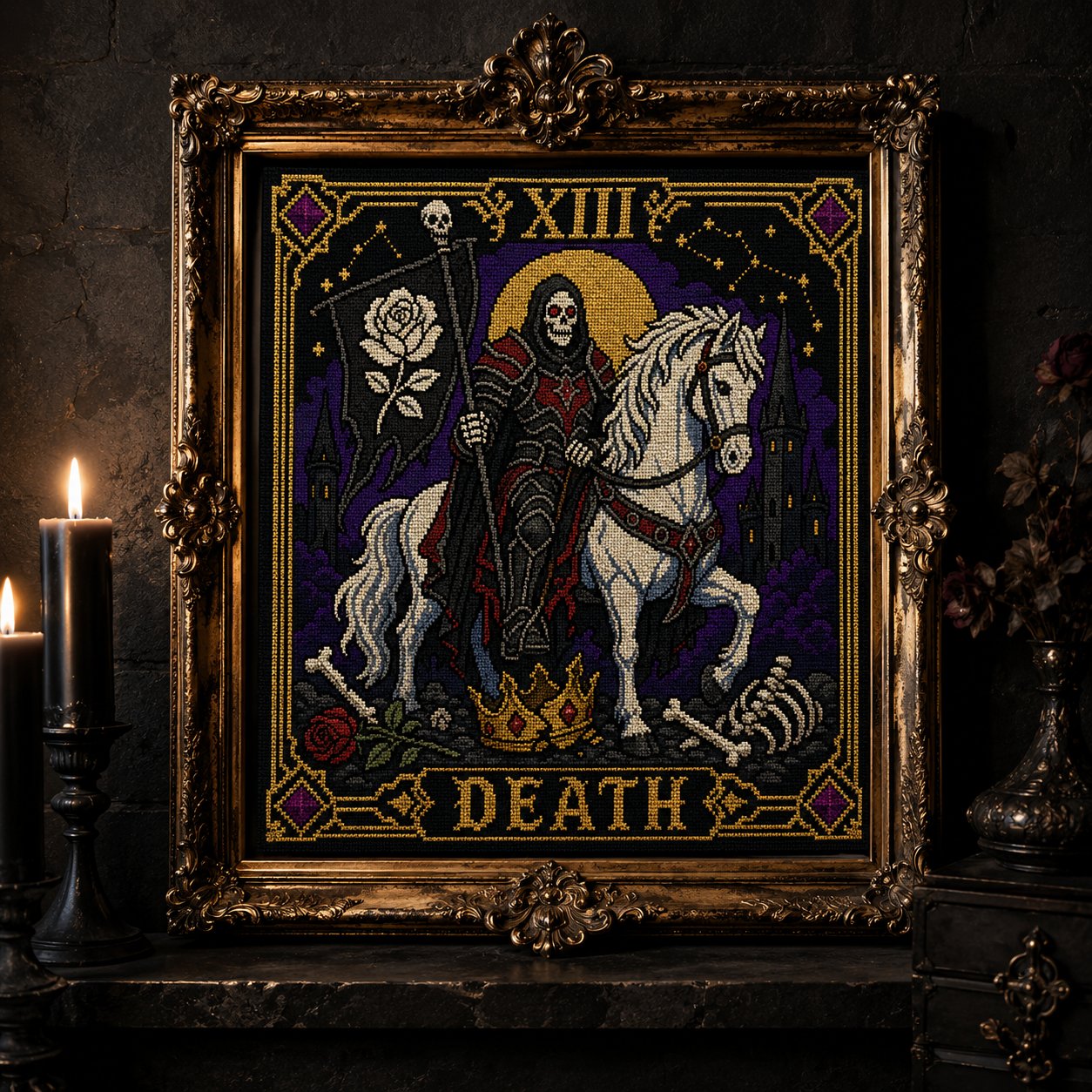 Death Tarot Card Xiii cross stitch hoop displayed in witchy gothic home decor aesthetic