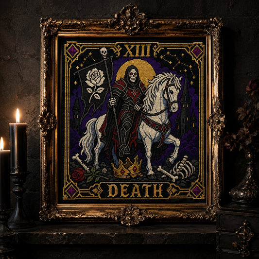 Death Tarot Card Xiii cross stitch hoop displayed in witchy gothic home decor aesthetic