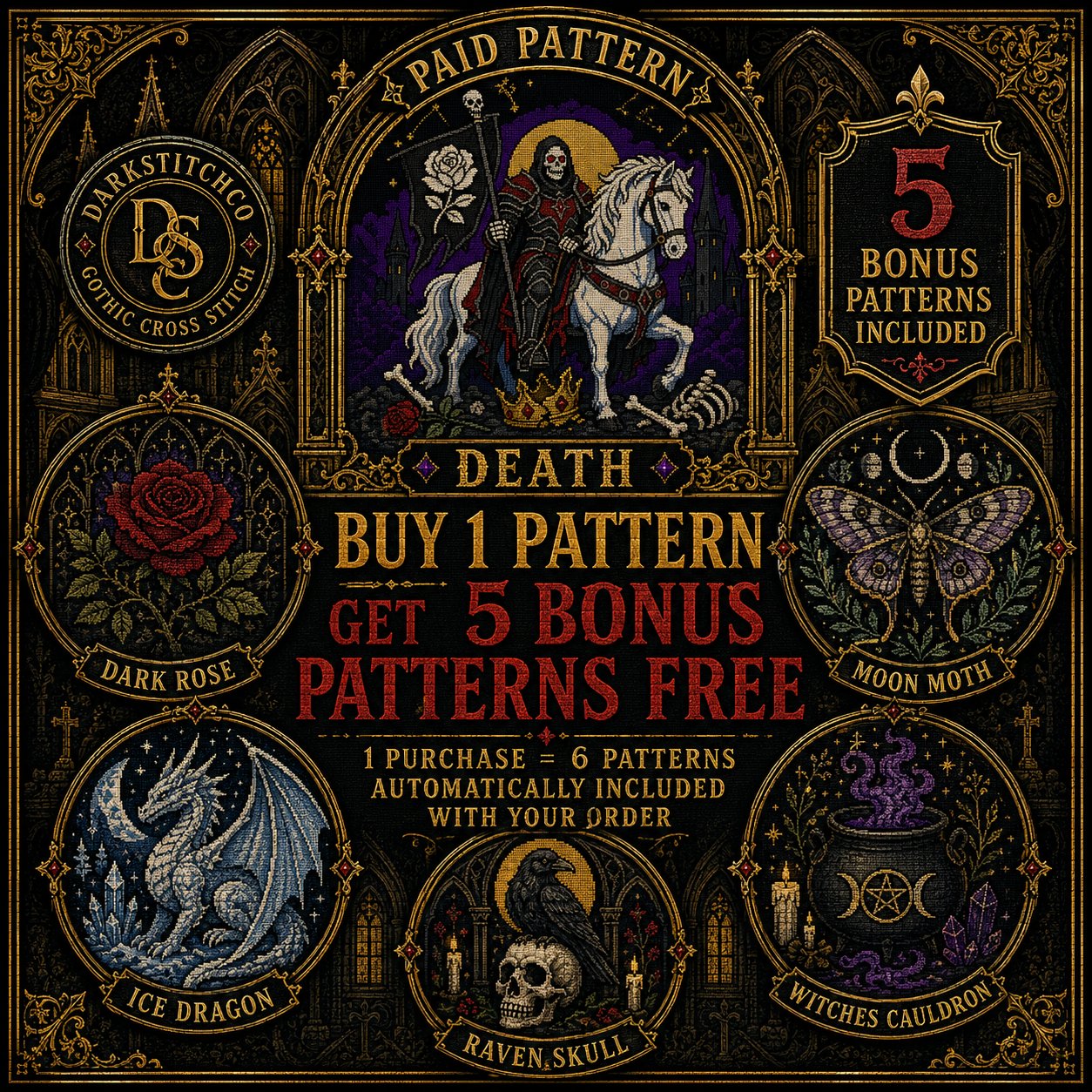 Death Tarot Card Xiii cross stitch pattern shown with DMC floss thread color palette
