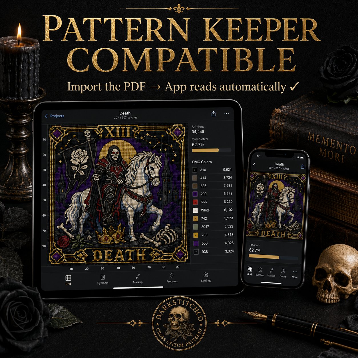 Death Tarot Card Xiii cross stitch black and white symbol chart preview — printer friendly