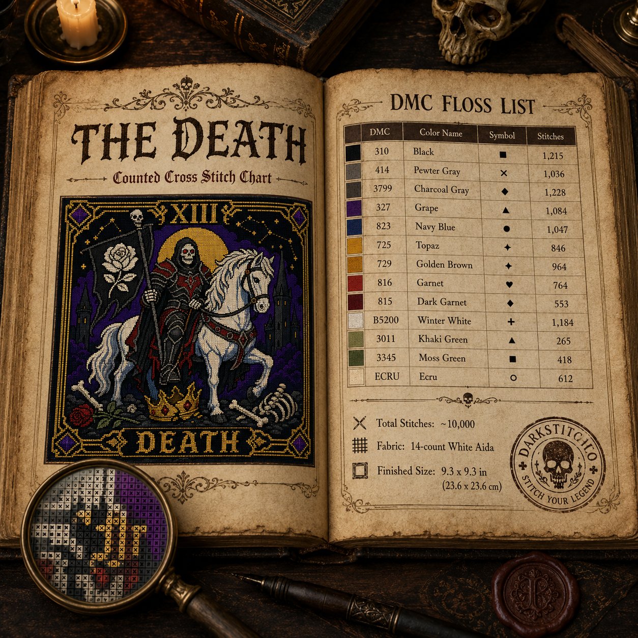 Death Tarot Card Xiii cross stitch finished on white Aida fabric with embroidery hoop