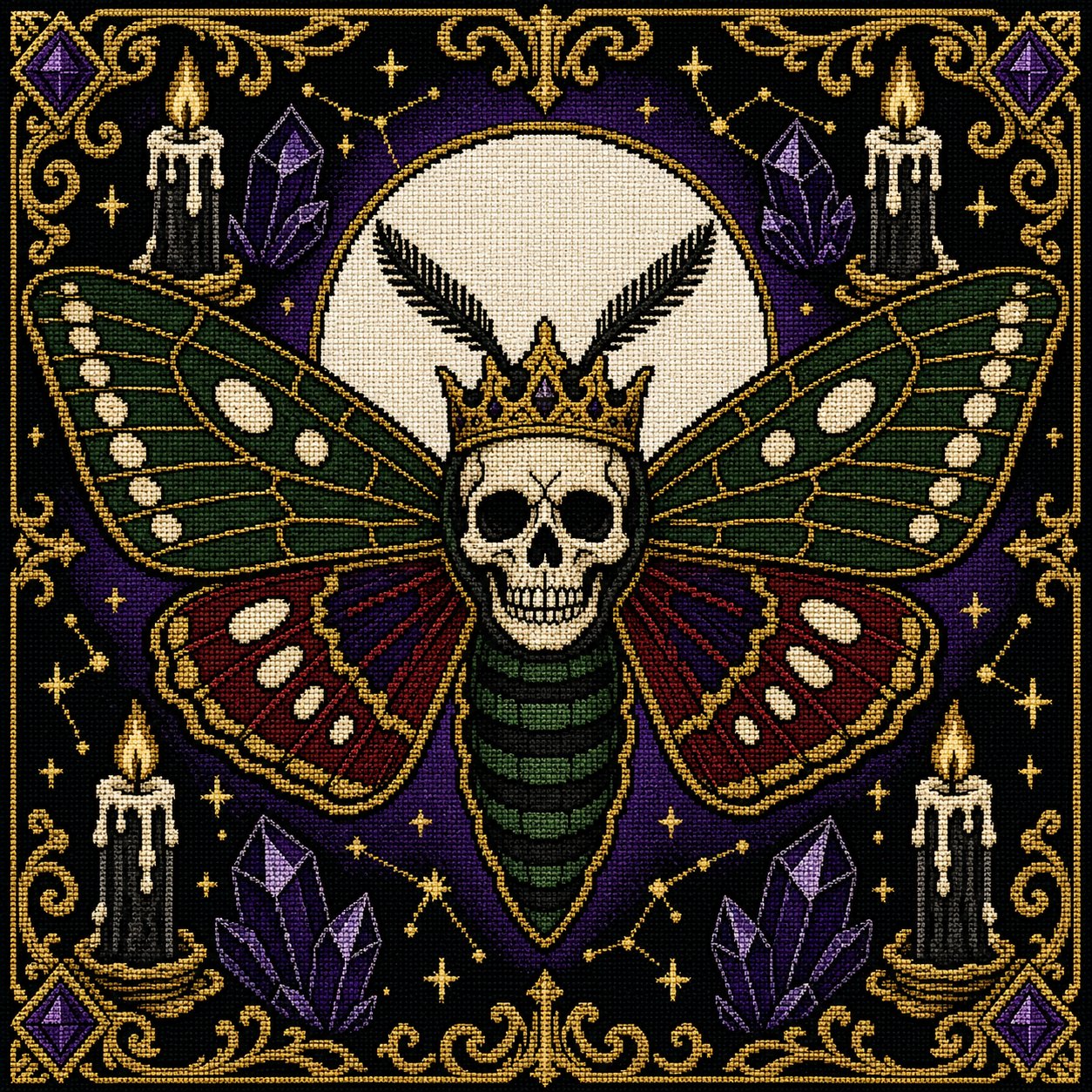 Deaths Head Moth Crown cross stitch color chart preview with full DMC floss code list
