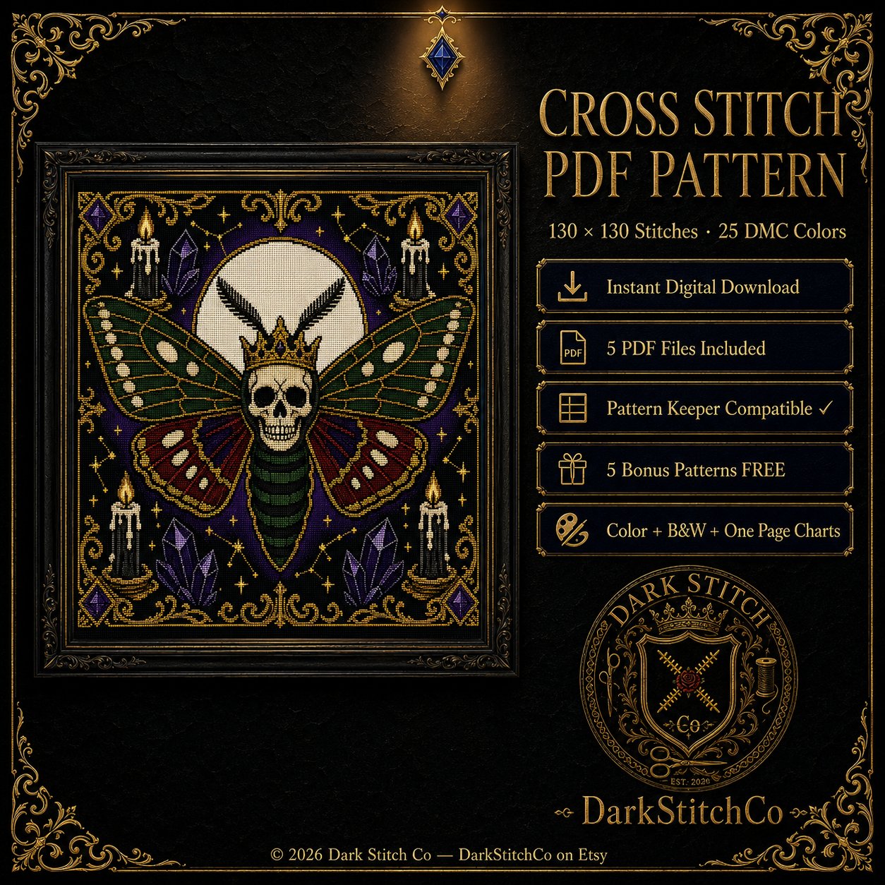 Deaths Head Moth Crown cross stitch hoop displayed in witchy gothic home decor aesthetic